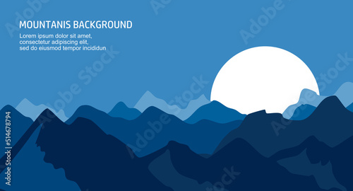 Vector mountains background. Navy blue mountains and the moon