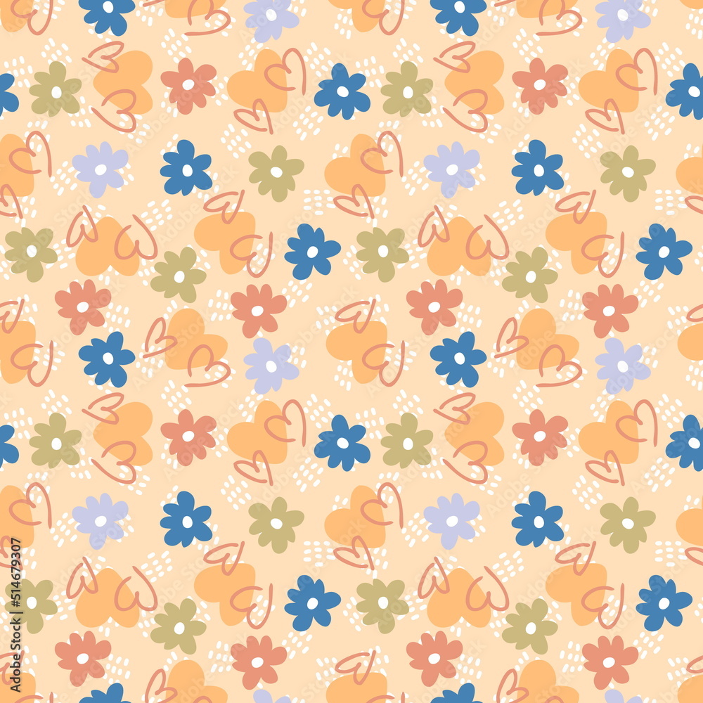 Summer seamless pattern with hearts and daisy on spotted background. Romantic hippie aesthetic print for fabric, paper, T-shirt. Doodle illustration for decor and design.