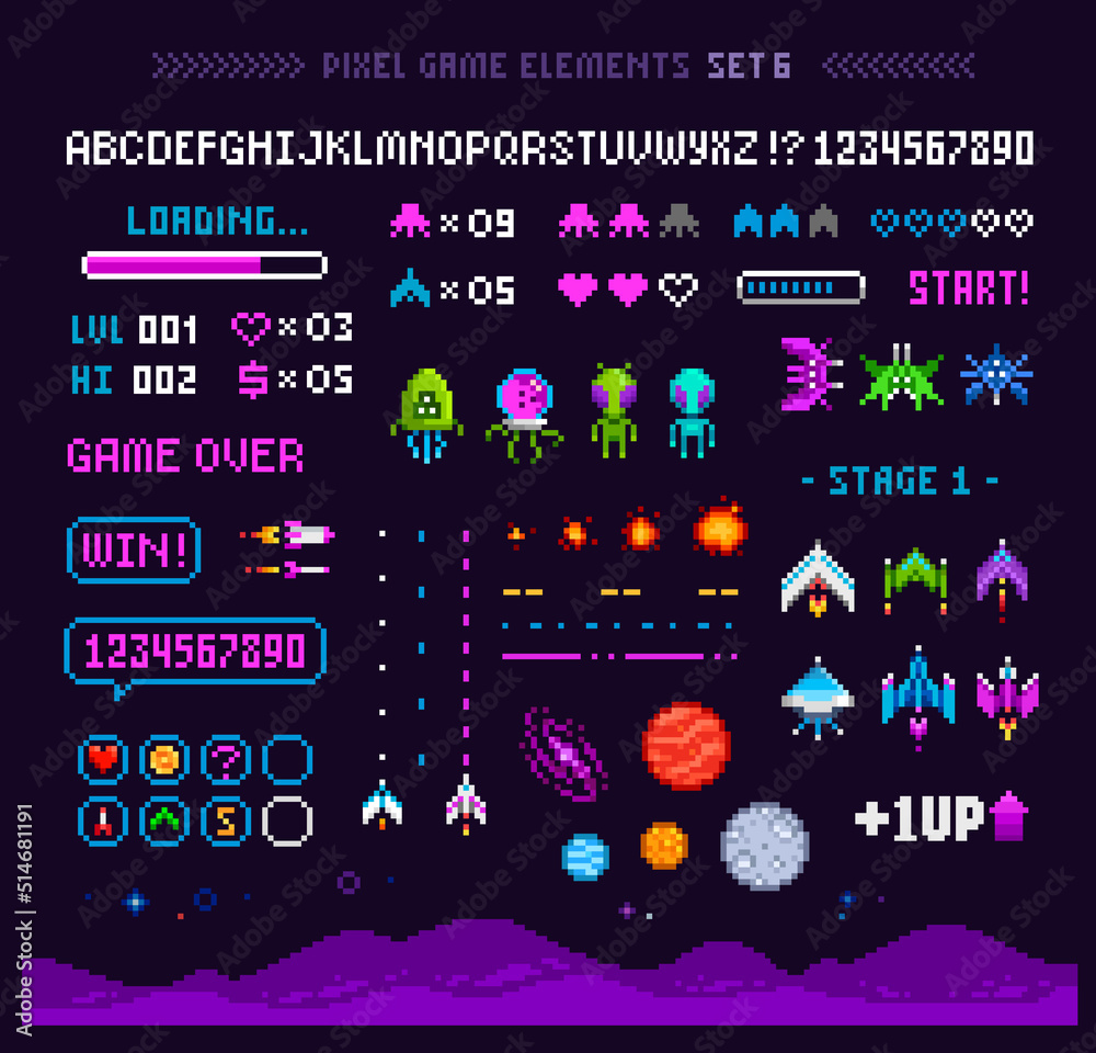 Pixel arcade game interface elements with icons. Pixel Art Planets, Ufo  aliens, space ships, rockets. Vintage 8-bit computer game in 80s -90s style.  Retro video game sprites. Vector template Stock Vector