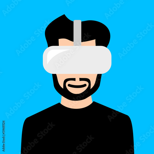 Man and male is using virtual reality headset on his head. Modern AR and VR cybernetic technology and device. Vector illustration isolated on plain background.
