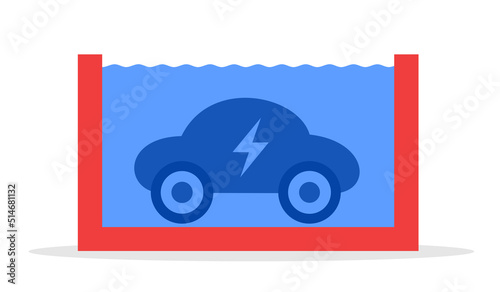 EV and electric vehicle is dunked in the container and tank with water. Security and safety procedure to prevent catch fire and burning. Vector illustration isolated on white.