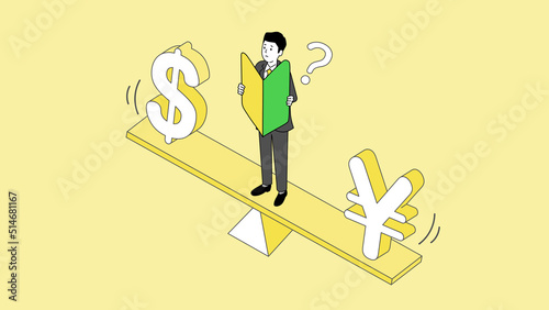 円とドルのバランスの上で悩む初心者マークを持った若い男性のイラスト、ベクター