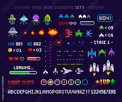 Pixel Art 8 bit arcade game elements with icons and font alphabet. Ufo aliens, space ships, rockets, . Vintage 8 bit computer game. Retro video game sprites. Pixelated Space arcade. Vector template