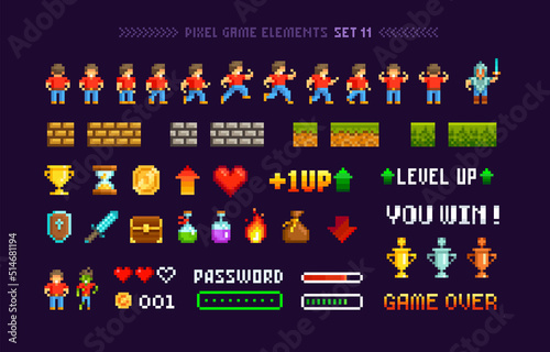 Obraz na plátně Retro Pixel Game trophy cups, medals with loot icons and elements for arcade design