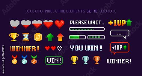 Vector Pixel Art 8-bit winner trophy cups and medals with loading bar set elements for arcade game design. Level up, health loading scale, icons and signs. Retro video game elements in 80s - 90s style