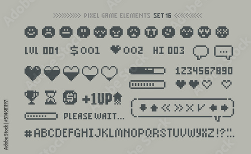 Pixel Art 8 bit arcade game elements with icons and font alphabet. Pixel health scale, downloading, game menu elements . 80s - 90s style 8-bit computer game. Retro video game sprites. Vector template