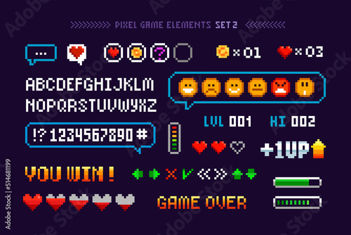 Foto 8-bit Pixel Arcade game elements with icons, signs, navigation buttons and font alphabet