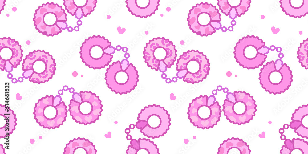 Fashion seamless pattern handcuffs Sex shop toys icons on pink background. Cartoon style handcuffs background. Print fabric and textile design. Vector template Fashion seamless pattern handcuffs Sex shop toys icons on pink background. Cartoon style handcuffs background. Print fabric and textile design. Vector template