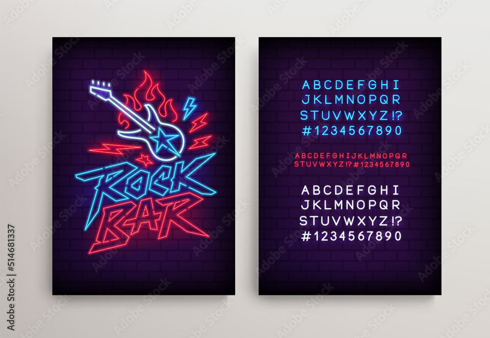Rock Bar Neon Light sign with guitar and type font - editable vector poster template. Neon tube letters design for Rock Music neon sign. Neon font. Rock Party in retro 80s - 90s style lettering