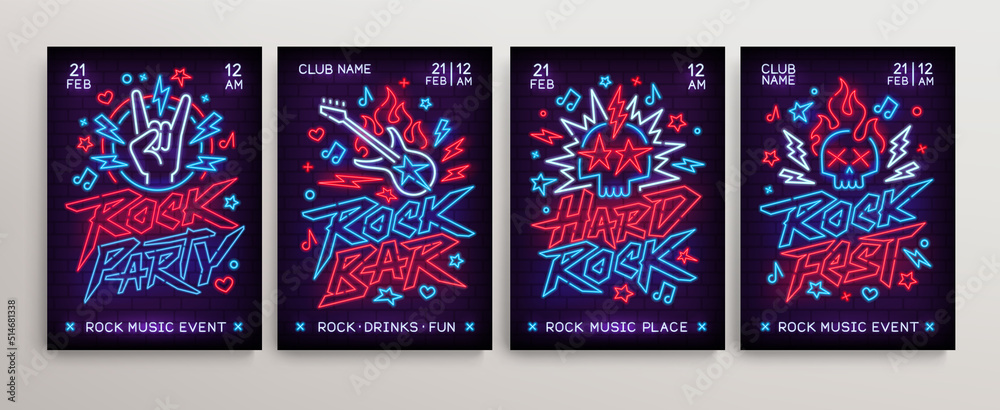 Rock N Roll Neon Signs Poster Set Rock Gesture Neon Guitar And Skull rock-n-roll-neon-signs-poster-set-rock-gesture-neon-guitar-and-skull