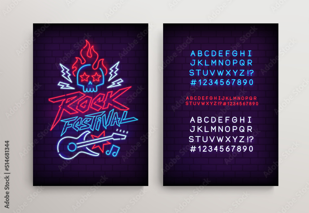 Rock Festival Neon signboard with guitar and type font - editable vector poster. Neon tube letters design for Rock Music gesture sign. Neon font. Rock n Roll Party in  retro 80s - 90s style lettering