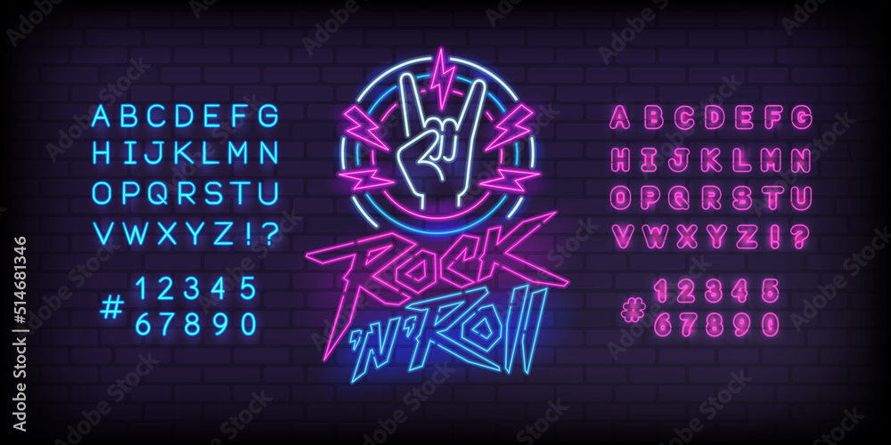 Rock n Roll Neon Light sign with guitar and type font - editable vector  template. Neon tube