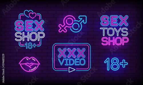 Neon Sex Toys Shop sings and icons set. Adult Toys Shop logo concept. Neon lamp icon set of lips kiss, 18+, video. Glowing street sign for Sex Shop advertising. Vector template