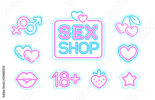 Neon style Sex Shop sing or logo with icons set. Adult Toys Shop logo concept. Neon icon set of lips kiss, 18+, heart, star, cherry. Glowing street sign for Sex Shop advertising. Vector template