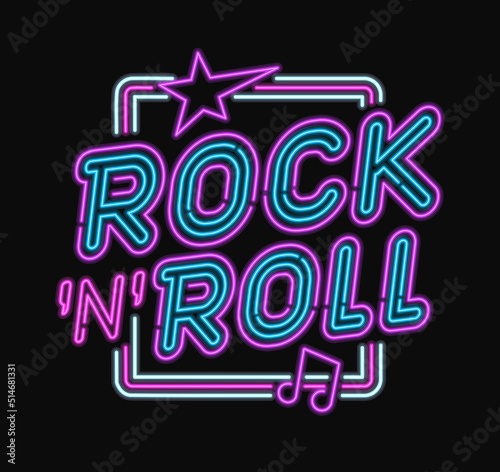 Rock n Roll Neon Light signboard isolated vector template. Neon tube letters design for Rock music, Light sign. Rock bar design in retro 80s - 90s style lettering