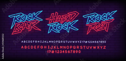 Rock n Roll Neon Light sign set with type font. Rock Bar sign. Neon tube letters design for Hard Rock Music neon sign. Neon font. Glowing street sign Rock Fest in  retro 80s - 90s style lettering