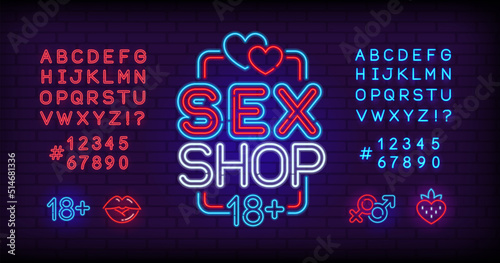  Sex Shop Neon signboard logo with icons set. Adult Toys Shop logo concept. Neon icon set of lips kiss, 18+, heart, star, cherry. Glowing street sign for Sex Shop advertising. Vector template