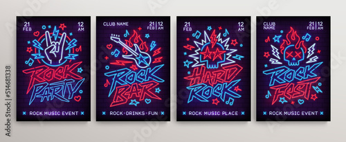 Rock n Roll neon signs poster set. Rock gesture. Neon Guitar and Skull glowing letters design for Rock Music neon signboard set. Neon font. Rock Fest in retro 80s - 90s style lettering