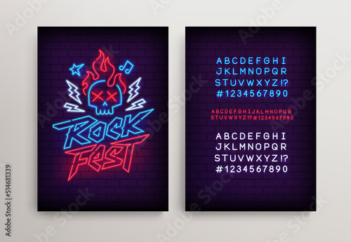 Rock n Roll Neon signboard with skull and type font - editable vector poster. Neon tube letters design for Rock Music neon sign. Neon font. Rock Party in retro 80s - 90s style lettering