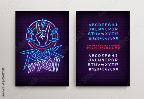 Rock n Roll  Neon sign with gesture and type font - editable vector poster. Neon tube letters design for Rock Music neon sign. Neon font. Rock Party in retro 80s - 90s style lettering