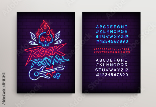 Rock Festival Neon signboard with guitar and type font - editable vector poster. Neon tube letters design for Rock Music gesture sign. Neon font. Rock n Roll Party in  retro 80s - 90s style lettering