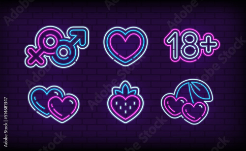 Neon Sex Shop sings and icons set on brick wall. Adult Toys Shop logo concept. Neon lamp icon set of lips kiss, 18+, heart, cherry. Glowing street sign for Sex Shop advertising. Vector template photo