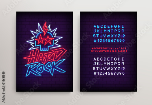 Hard Rock Neon Light sign with skull and type font - editable vector poster. Neon tube letters design for Rock Music glowing street sign. Neon font. Rock Party in retro 80s - 90s style lettering