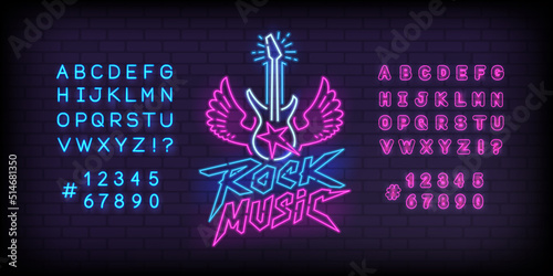 Rock Music Neon Light sign with guitar and type font - editable vector template. Neon tube letters design for Rock music sign. Neon font. Rock n Roll Party in  cyberpunk 80s - 90s style lettering