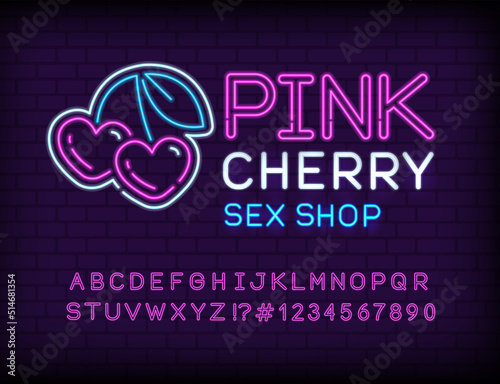 Sex Shop Pink Cherry neon style logotype vector template. Neon lamp retro 80s -90s style type font. Sex Shop street sign. Necon Cherry icon. Adult Store concept