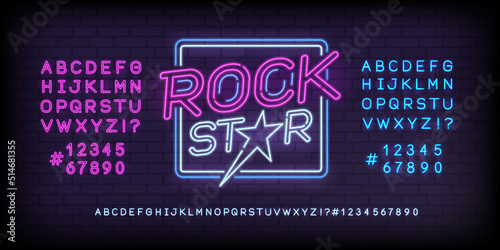 Rock Star Neon Light sign with type font - editable vector template. Neon tube letters design for Rock music, Light sign. Neon font. Rock Party in retro 80s - 90s style lettering design