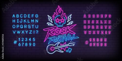 Rock Festival Neon Light sign with guitar and type font - editable vector template. Neon tube letters design for Rock music sign. Neon font. Rock n Roll Party in  cyberpunk 80s - 90s style lettering