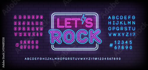 Let's Rock Neon Signboard with type font - editable vector template. Neon tube letters design for Rock music, Light sign. Neon font. Rock n Roll Party in retro 80s - 90s style lettering design