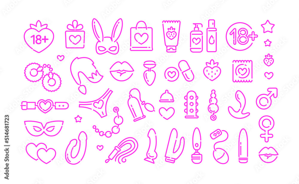 Vetor De Vector Sex Toys Shop Icons In Minimalistic Linear Flat Style Adult Store Logo With 