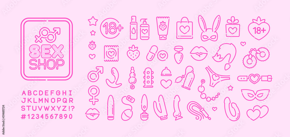 Sex toys shop sign and icons in minimalistic linear flat style. Adult store logo with BDSM roleplay icon set. Vector sex toys collection . Editable illustration on pink background Sex toys shop sign and icons in minimalistic linear flat style. Adult store logo with BDSM roleplay icon set. Vector sex toys collection . Editable illustration on pink background