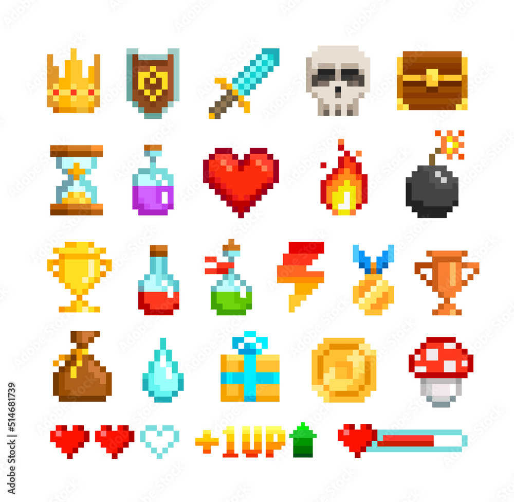 Vector Pixel Art icons set of 8-bit set of shield, sword, crown, potion, bottle, heart, award, trophy cup. Pixel loot items objects for retro video game design. Video game sprite. Isolated on white Vector Pixel Art icons set of 8-bit set of shield, sword, crown, potion, bottle, heart, award, trophy cup. Pixel loot items objects for retro video game design. Video game sprite. Isolated on white