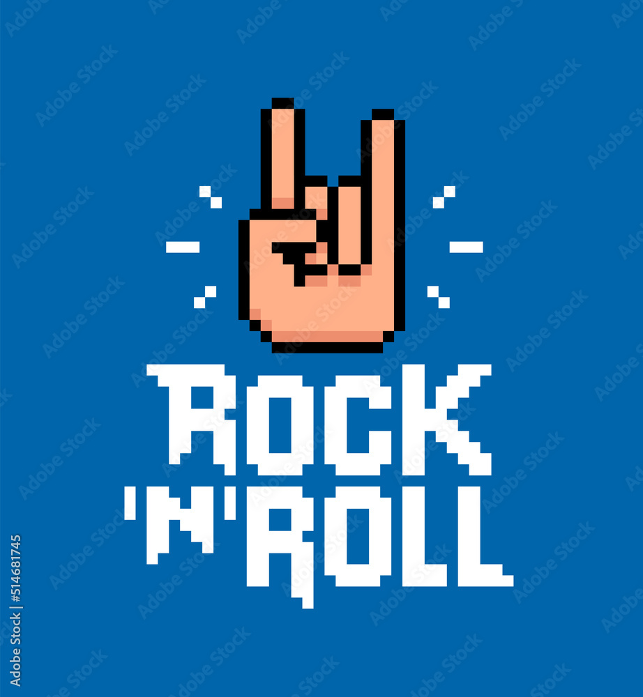 Pixel Art style Rock Music vector lettering on red background. Geek style inscription 