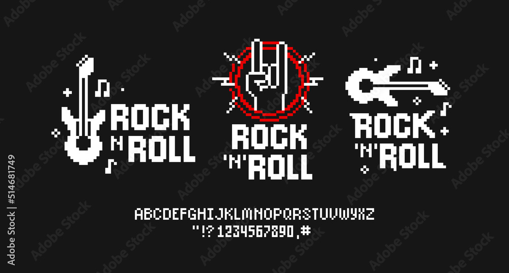 Rock Music design in Pixel Art style vector template. Pixelated Rock n ...