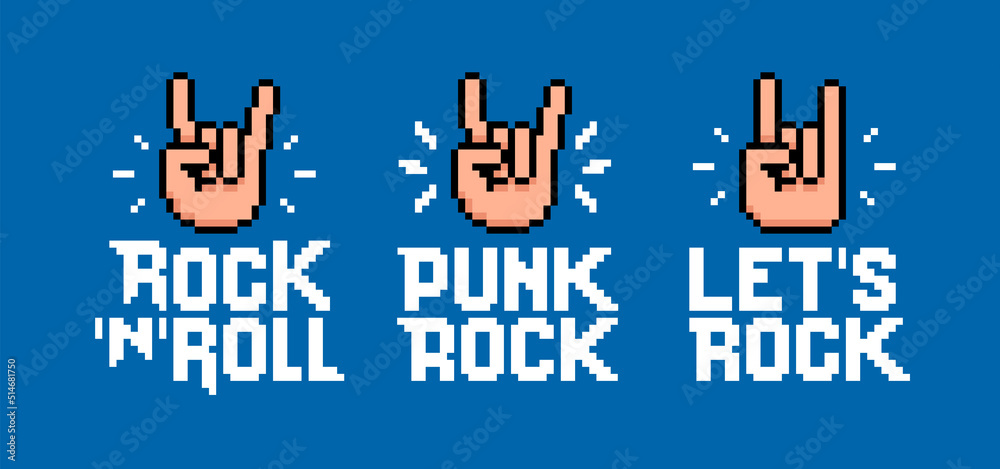 Fototapeta premium Rock Music signs in Pixel Art style vector template. Let's Rock and Punk Rock inscription collection for print tee, apparel and poster design. Rock sign gesture