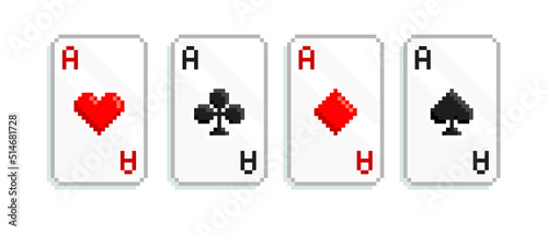 Pixel Art Playing Poker cards icons with ace suits on white background. Pixel playing cards symbols. Design for logo, sticker, app. 8-bit video game assets sprites. Isolated vector illustration