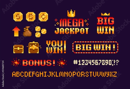 Pixel Art Gambling signs and icons set in retro video game style. Mega Jackpot sign. Pixel Big Win and Bonus sign. Golden Coins, Chest with prize. Gambling 8-bit icons vector illustration