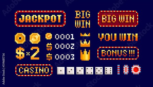 Pixel Art Casino signs and Board game icons set in retro video game style.  Jackpot sign. Pixel Big Win and Bonus sign. Golden Coins, Chest with prize. Gambling 8-bit icons vector illustration
