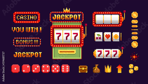 Pixel art board games sign set of, casino sign, slot machine constructor, coins, Red dice. Pixel Slot Machine Jackpot sign. Gambling icons vector illustration. 8-bit video game assets sprite