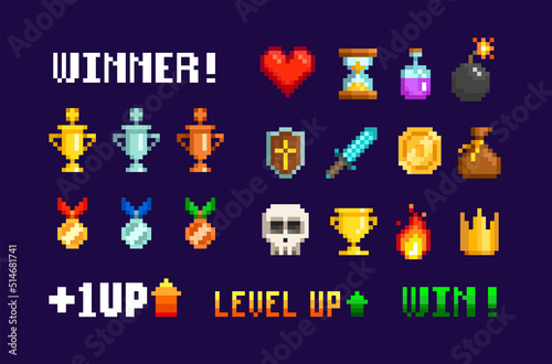 Pixel Art 8-bit winner trophy cups, medals set for retro game design. Pixel awards icon set. Level up, winner, coin, heart scale. loading bar. Arcade game sprites. Pixel video game interface elements 