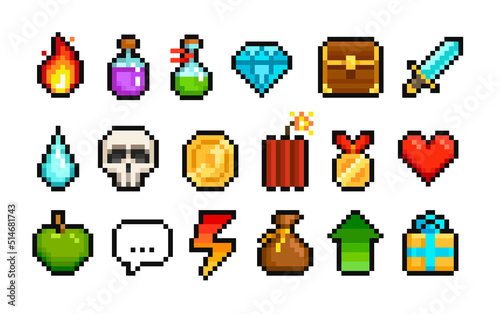 Vector Pixel Art icons set of 8-bit set of diamond, weapon, heart, fire, skull etc. Level Up. Pixel loot items award objects for retro video game design. Video game sprite. Isolated on white © VRTX