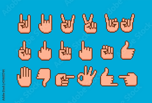 Pixel hand cursors and gesture symbols for retro game. Rock sign gesture. Middle Finger and Forefinger up. Like and Dislike hand symbol. Okay hand gesture. Vector Pixel graphics for 8-bit game design