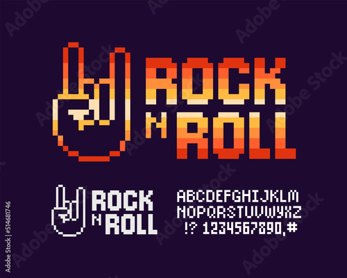 Rock n Roll Music vintage sign in Pixel Art style vector template. Geek style Pixelated Rock n roll design with pixelated type font. Pixel graphics Rock sign for print design