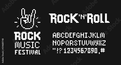 Rock Music Festival sign with type font in Pixel Art style vector template. Rock'n'Roll sign. Pixelated Rock n roll designs for print tee, apparel and poster design. Rock music finger symbols or icons