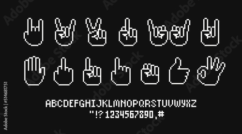 Pixel Art hand cursors icons and symbols. Rock sign gesture. Middle Finger and Forefinger up. Hand pointer. Retro video game sprite. Pixelated font. Vector Pixel graphics for stickers and logo design