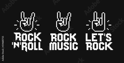 Rock n Roll  and Let's Rock design set in Pixel Art style vector template. Rock sign gesture symbols or icons. Rock Music festival posters collection for print tee, apparel and poster design