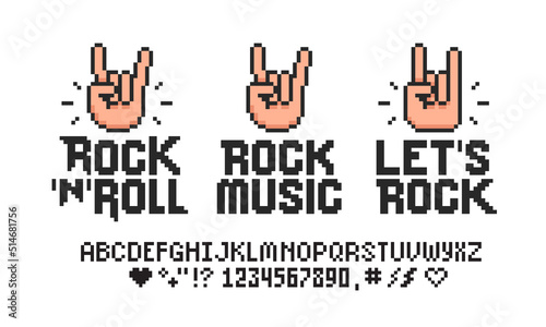 Let's Rock and Rock Music design set in Pixel Art style vector template. Rock n roll festival posters collection for print tee, apparel and poster design. Rock sign gesture symbols or icons